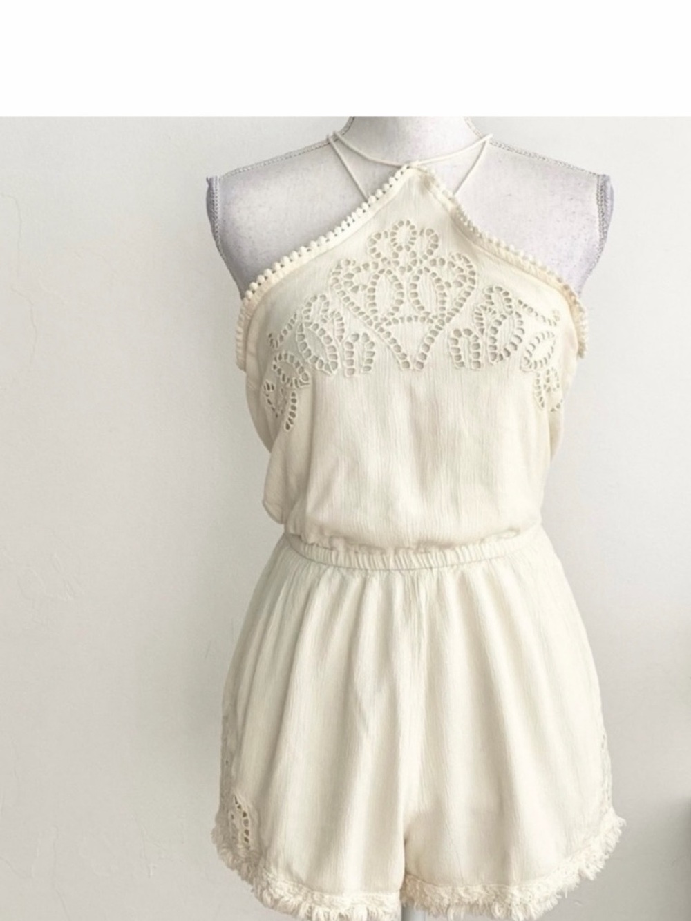 NWT American Eagle Cream Halter Fringe Romper Small Boho
